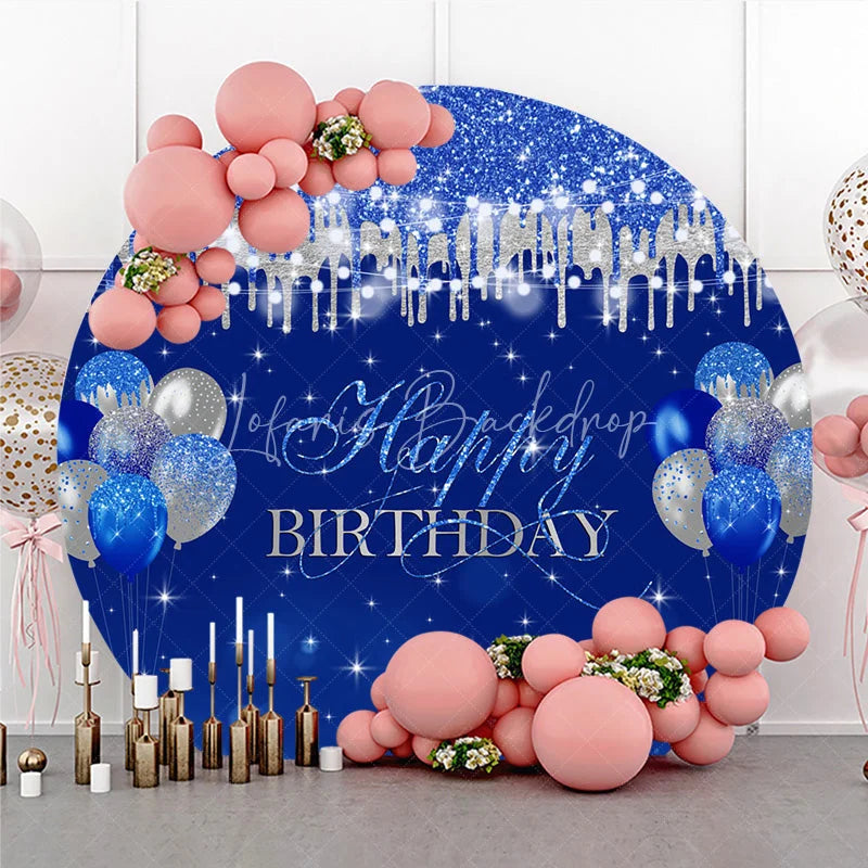 Lofaris Blue and Silver Happy Birthday Round Backdrop Balloon Glitter Drip Party