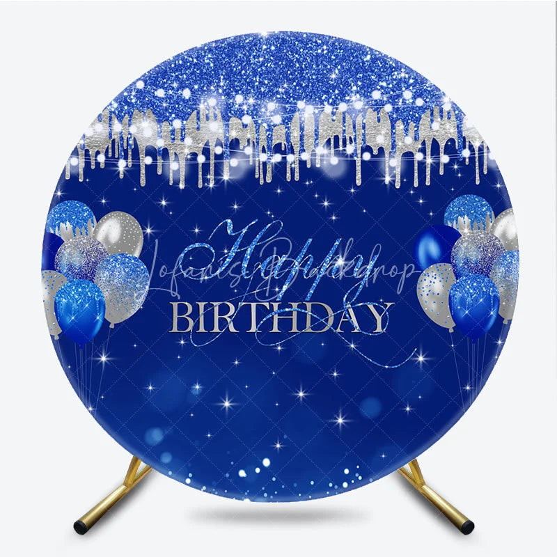 Lofaris Blue and Silver Happy Birthday Round Backdrop Balloon Glitter Drip Party