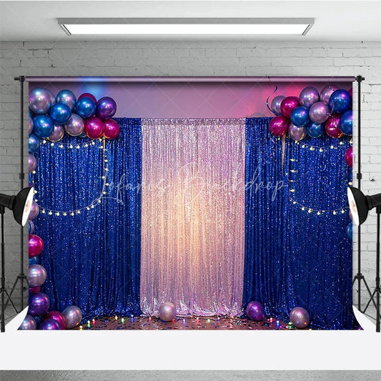 Lofaris Blue and Silver Sequin Photography Backdrop with Balloon Arch String Lights Glamorous Party Decoration