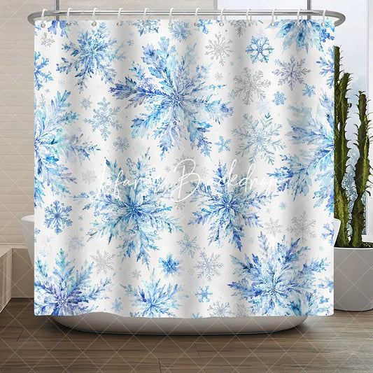 Lofaris Blue and Silver Watercolor Snowflake Shower Curtain Winter Frosty Bathroom Decor