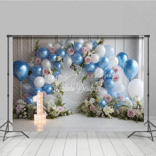 Lofaris Blue and White Balloon Arch with Floral Photography Backdrop First Birthday Party Decor