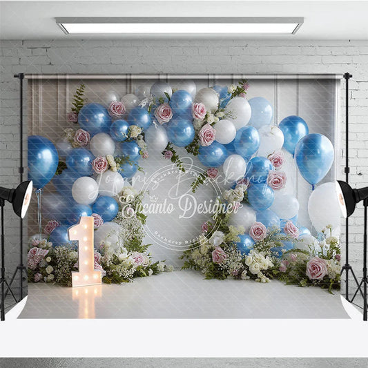 Lofaris Blue and White Balloon Arch with Floral Photography Backdrop First Birthday Party Decor