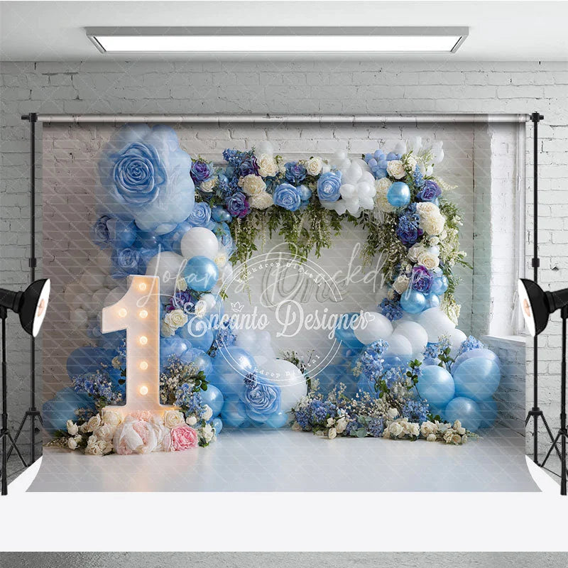 Lofaris Blue and White Balloons First Birthday Photography Backdrop Elegant Floral Arch Baby Shower Decor