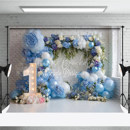 Lofaris Blue and White Balloons First Birthday Photography Backdrop Elegant Floral Arch Baby Shower Decor