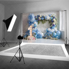 Lofaris Blue and White Balloons First Birthday Photography Backdrop Elegant Floral Arch Baby Shower Decor