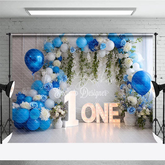 Lofaris Blue and White Balloons First Birthday Photography Backdrop Elegant Rose Greenery ONE Party Decor