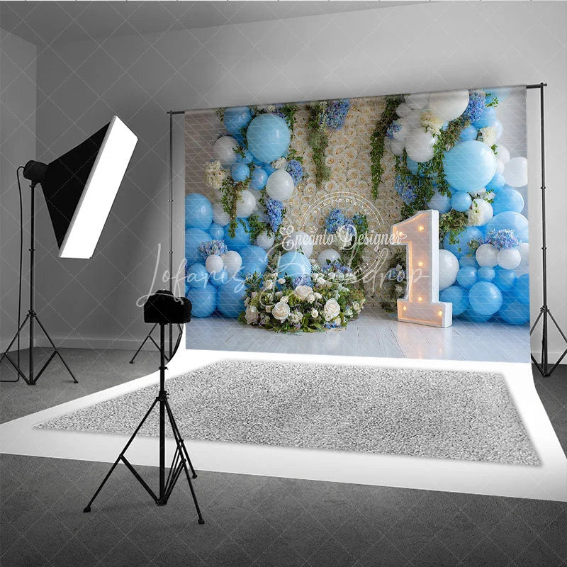 Lofaris Blue and White Balloons Rose Wall First Birthday Photography Backdrop Elegant Baby Shower Party Decor