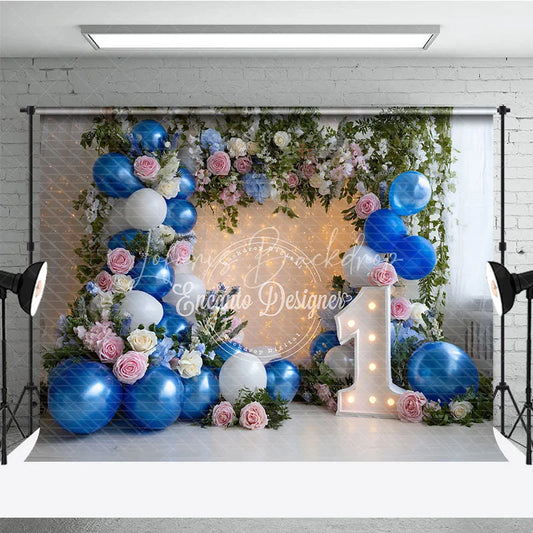 Lofaris Blue and White Balloons with Pink Roses First Birthday Photography Backdrop Elegant Fairy Lights Decor