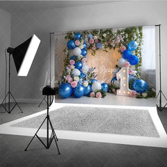 Lofaris Blue and White Balloons with Pink Roses First Birthday Photography Backdrop Elegant Fairy Lights Decor