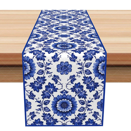 Lofaris Blue and White Chinoiserie Floral Table Runner Elegant Vintage Botanical Print Grandmillennial Decor