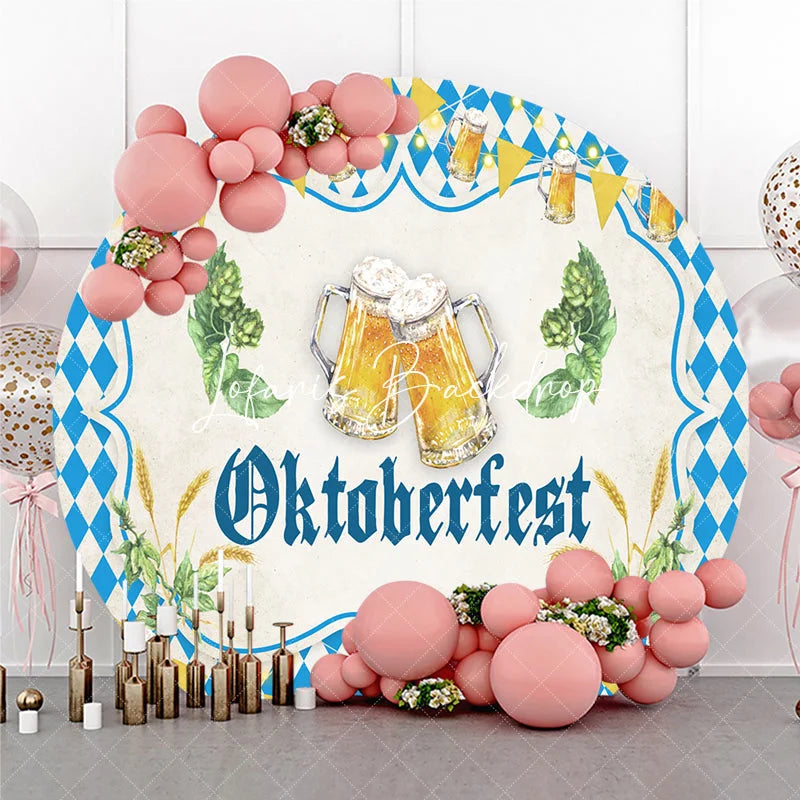 Lofaris Blue and White Diamond Pattern Oktoberfest Beer Steins Round Backdrop with Hops Wheat Festive Bavarian Party Decor.
