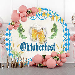 Lofaris Blue and White Diamond Pattern Oktoberfest Beer Steins Round Backdrop with Hops Wheat Festive Bavarian Party Decor.