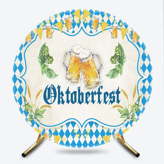 Lofaris Blue and White Diamond Pattern Oktoberfest Beer Steins Round Backdrop with Hops Wheat Festive Bavarian Party Decor.