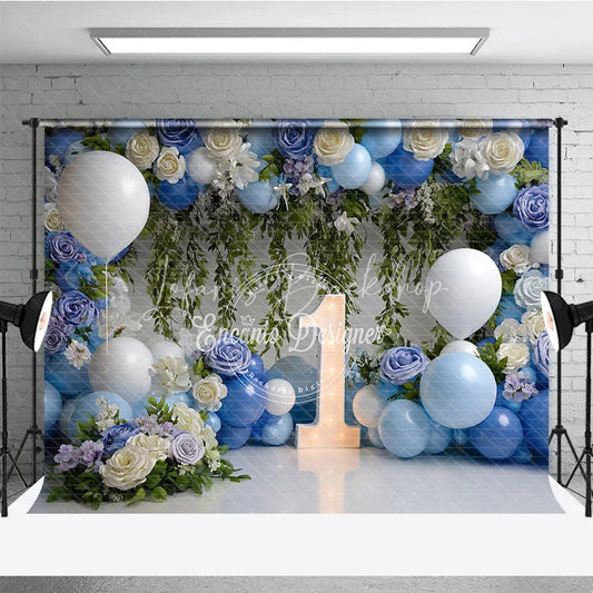 Lofaris Blue and White Floral Balloon First Birthday Photography Backdrop Elegant Baby Shower Party Decor