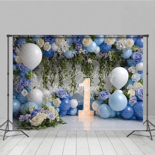 Lofaris Blue and White Floral Balloon First Birthday Photography Backdrop Elegant Baby Shower Party Decor