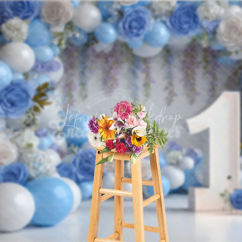Lofaris Blue and White Floral Balloon First Birthday Photography Backdrop Elegant Party Decor