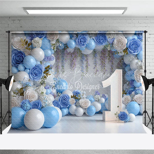 Lofaris Blue and White Floral Balloon First Birthday Photography Backdrop Elegant Party Decor