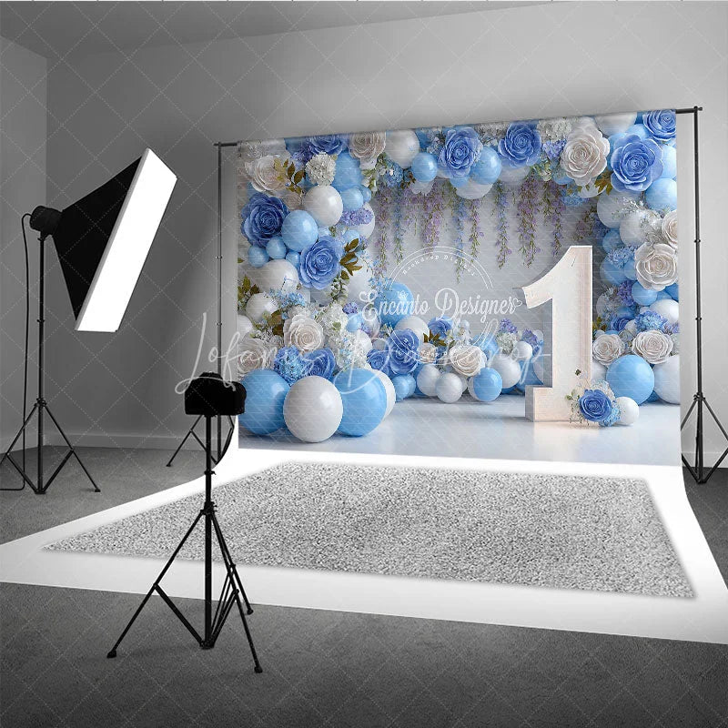 Lofaris Blue and White Floral Balloon First Birthday Photography Backdrop Elegant Party Decor