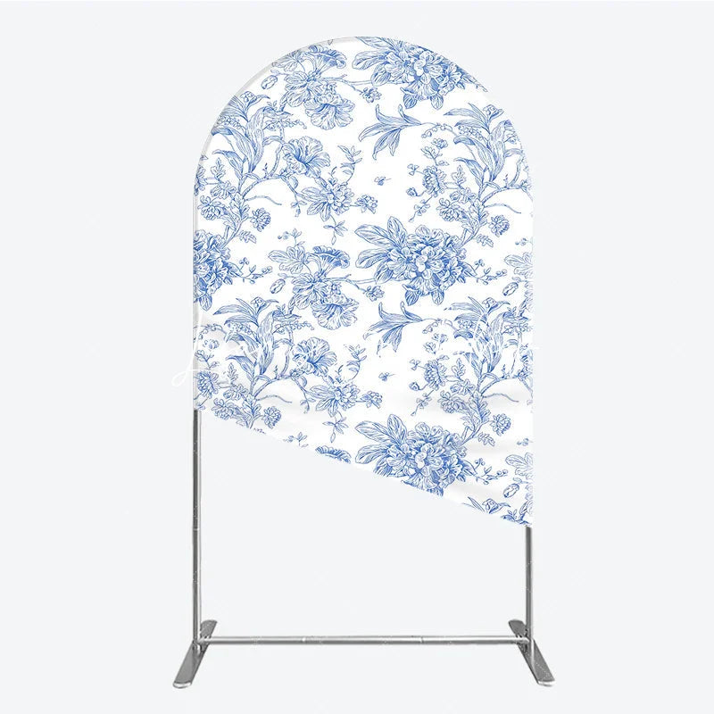 Lofaris Blue and White Floral Botanical Round Top Arch Backdrop Vintage Toile de Jouy Pattern for Elegant Events