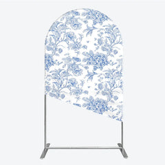 Lofaris Blue and White Floral Botanical Round Top Arch Backdrop Vintage Toile de Jouy Pattern for Elegant Events