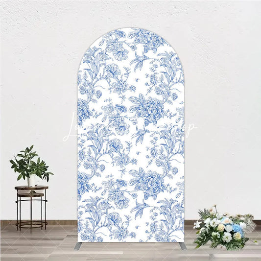 Lofaris Blue and White Floral Botanical Round Top Arch Backdrop Vintage Toile de Jouy Pattern for Elegant Events