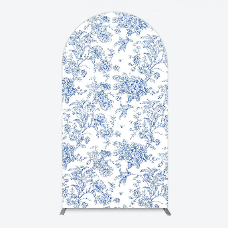 Lofaris Blue and White Floral Botanical Round Top Arch Backdrop Vintage Toile de Jouy Pattern for Elegant Events