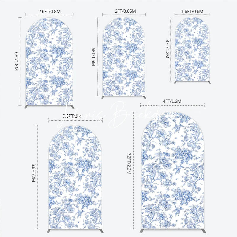 Lofaris Blue and White Floral Botanical Round Top Arch Backdrop Vintage Toile de Jouy Pattern for Elegant Events