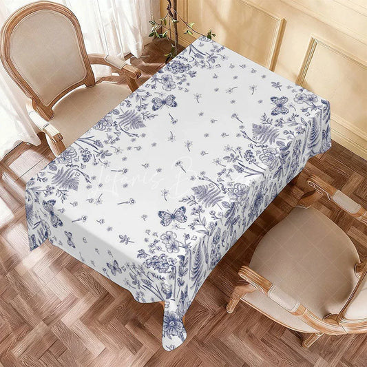 Lofaris Blue and White Floral Butterfly Rectangle Tablecloth Vintage Botanical Fern Spring Kitchen Table Decor