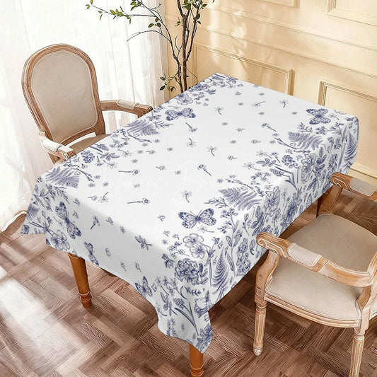 Lofaris Blue and White Floral Butterfly Rectangle Tablecloth Vintage Botanical Fern Spring Kitchen Table Decor