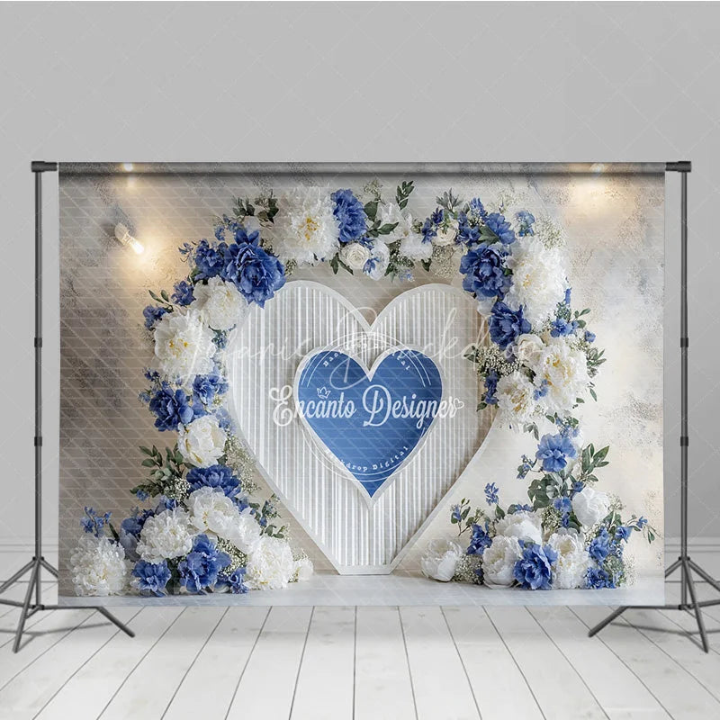 Lofaris Blue and White Floral Heart Arch Photography Backdrop Elegant Wedding Ceremony Valentine’s Day Photo Background