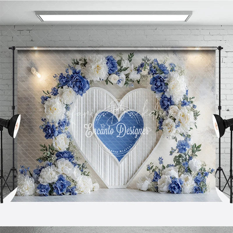 Lofaris Blue and White Floral Heart Arch Photography Backdrop Elegant Wedding Ceremony Valentine’s Day Photo Background
