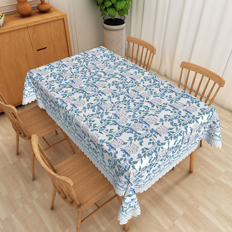 Lofaris Blue and White Floral Rectangle Tablecloth with Stripe Border for French Country Farmhouse Decor