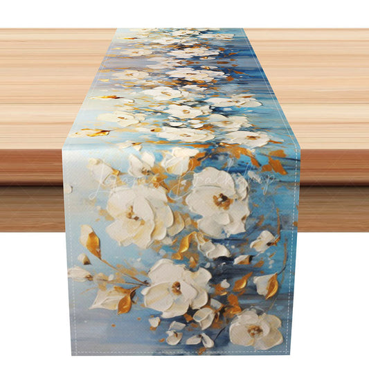 Lofaris Blue and White Floral Table Runner in an Oil Painting Style Classic Chinoiserie Kitchen or Dining Room Decor