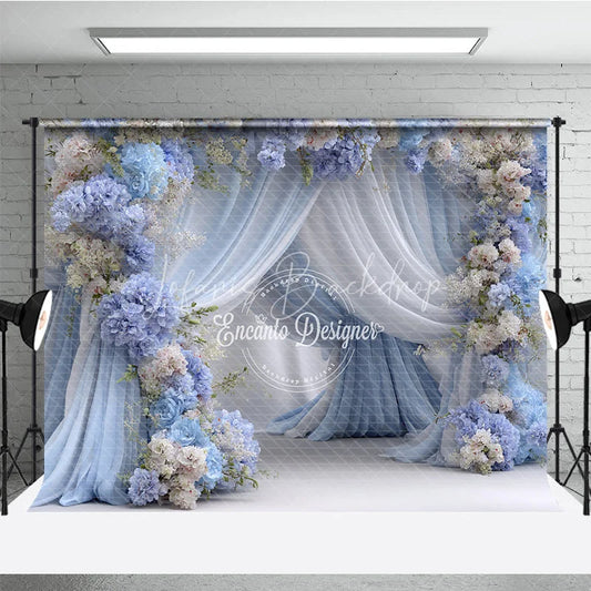 Lofaris Blue and White Floral Wedding Backdrop Sheer Drapes Arch Hydrangea Rose Photo Background for Bridal Shower