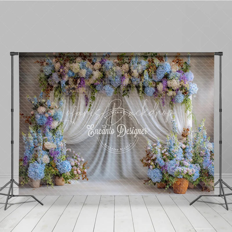 Lofaris Blue and White Floral Wedding Backdrop Sheer Curtains Arch Hydrangea Photo Background for Bridal Shower