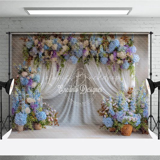Lofaris Blue and White Floral Wedding Backdrop Sheer Curtains Arch Hydrangea Photo Background for Bridal Shower