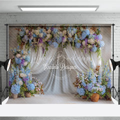 Lofaris Blue and White Floral Wedding Backdrop Sheer Curtains Arch Hydrangea Photo Background for Bridal Shower