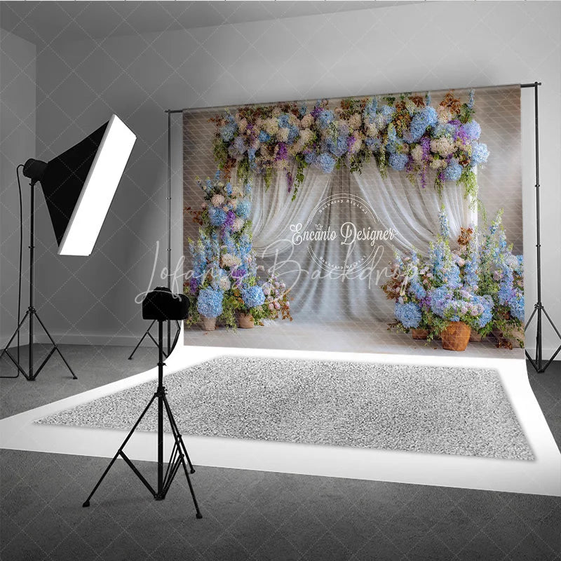 Lofaris Blue and White Floral Wedding Backdrop Sheer Curtains Arch Hydrangea Photo Background for Bridal Shower