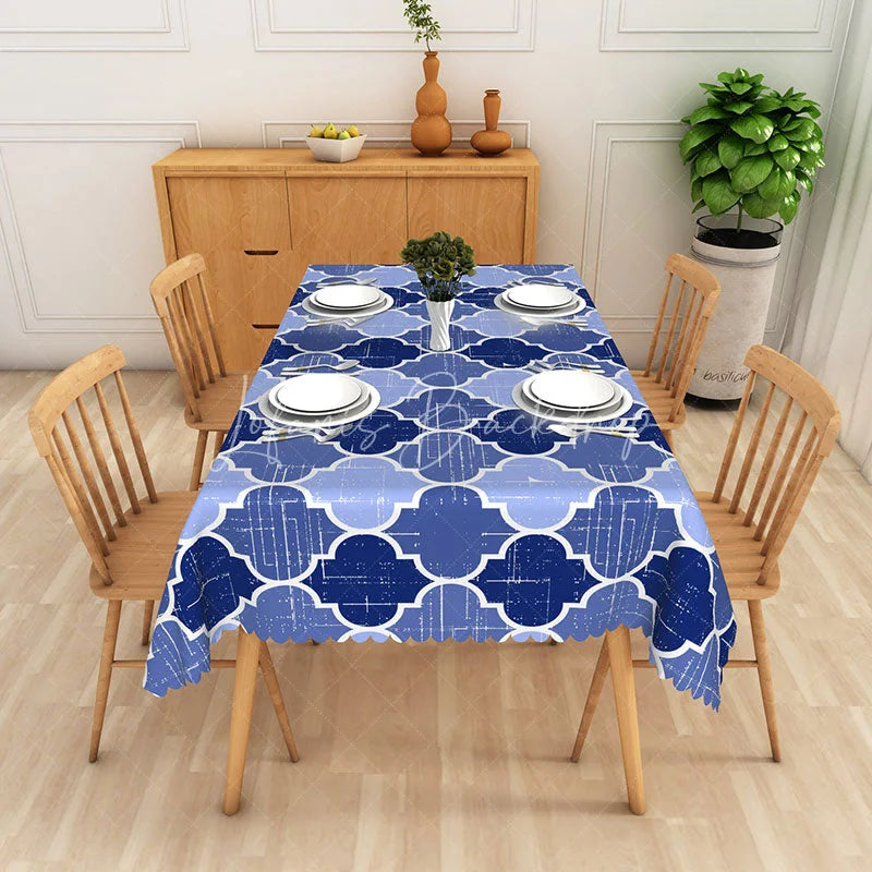 Lofaris Blue and White Moroccan Quatrefoil Rectangle Tablecloth Elegant Geometric Dining Decor with Scalloped Edge