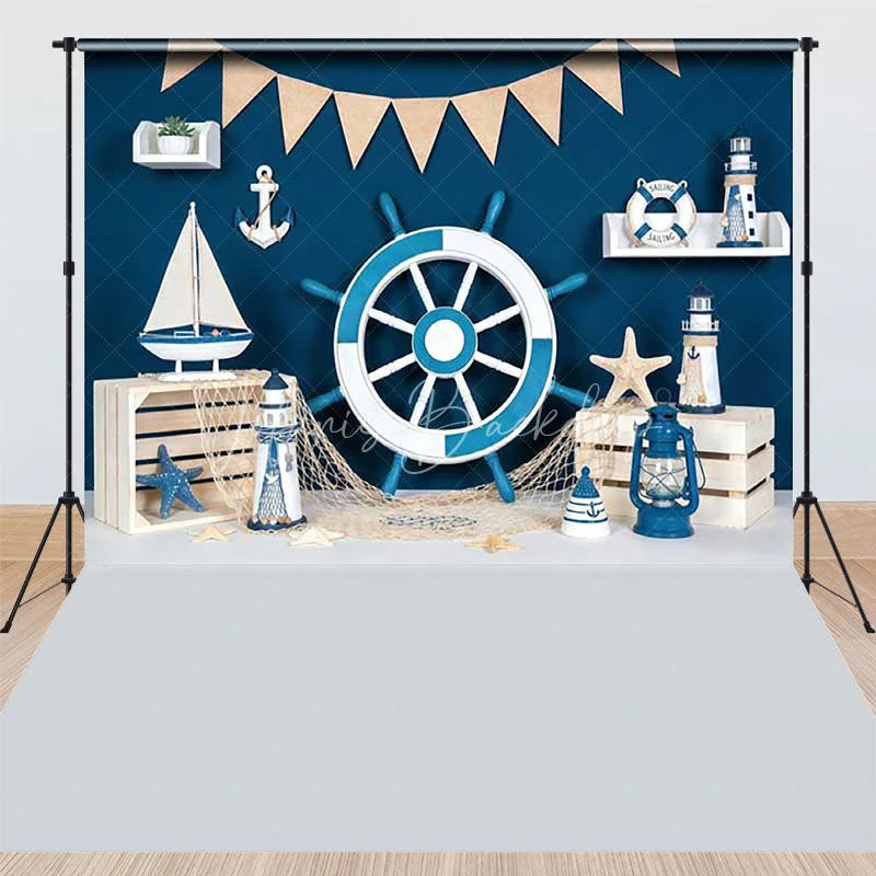 Lofaris Blue and White Nautical Ship Wheel Sailboat Combo Set Backdrop Ocean Adventure Baby Shower Birthday Party