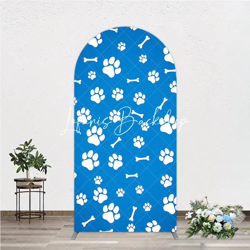 Lofaris Blue and White Paw Print Bone Pattern Round Top Arch Backdrop Adorable Pet Themed Party Decor
