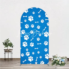 Lofaris Blue and White Paw Print Bone Pattern Round Top Arch Backdrop Adorable Pet Themed Party Decor