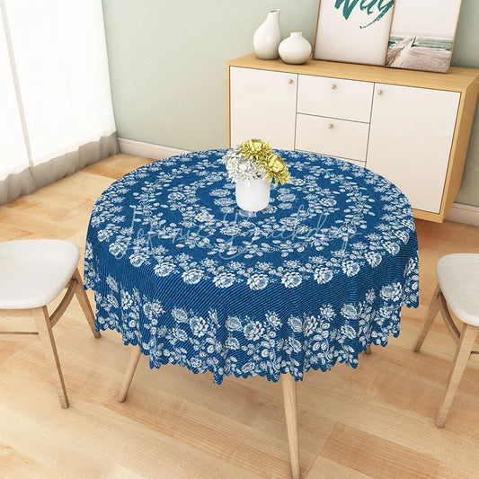 Lofaris Blue and White Rose Mandala Round Tablecloth Mediterranean Style Floral Table Cover for Party