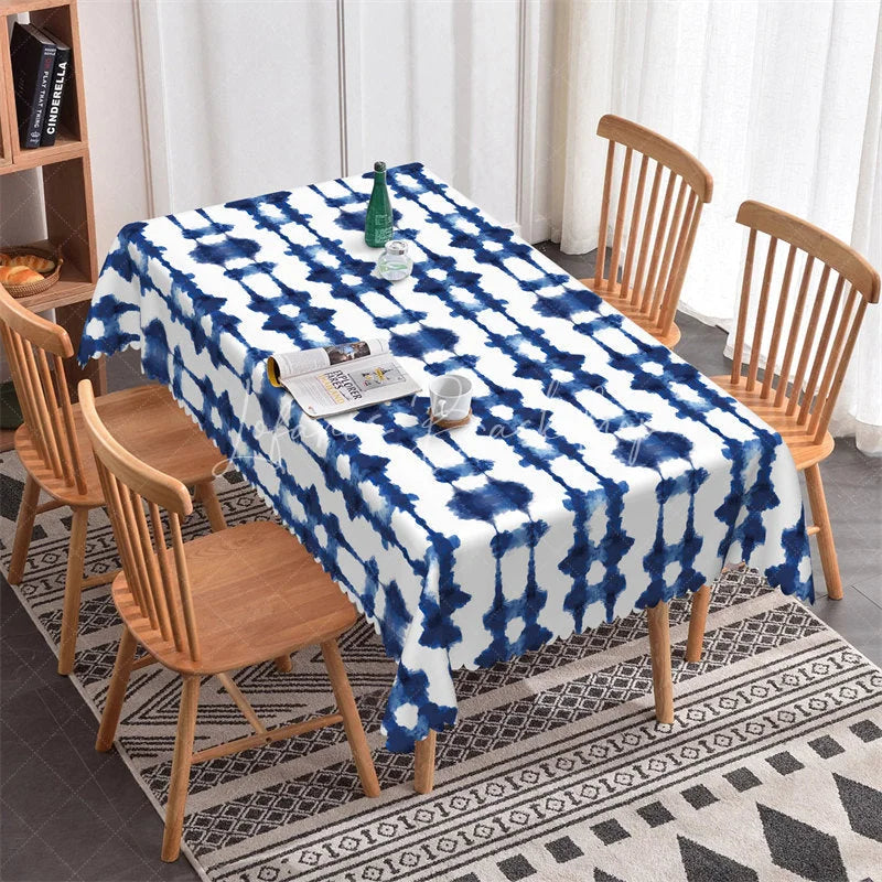 Lofaris Blue and White Tie Dye Pattern Rectangle Tablecloth Scalloped Edge Home Dining Decor