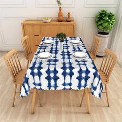 Lofaris Blue and White Tie Dye Pattern Rectangle Tablecloth Scalloped Edge Home Dining Decor