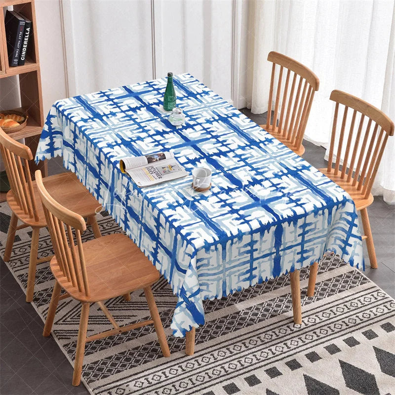 Lofaris Blue and White Watercolor Abstract Plaid Rectangle Tablecloth Modern Dining Kitchen Decor