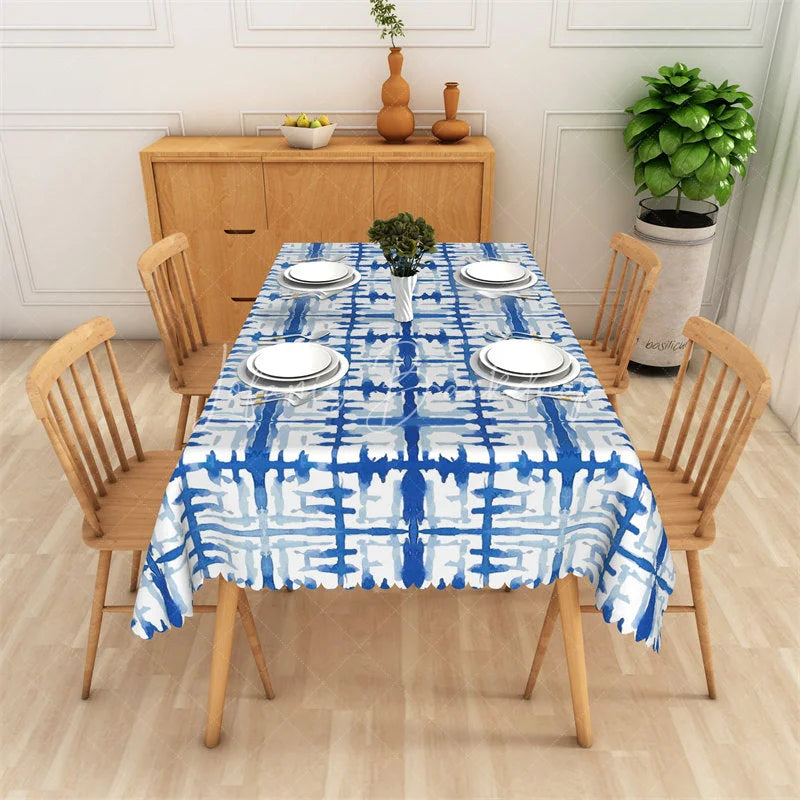 Lofaris Blue and White Watercolor Abstract Plaid Rectangle Tablecloth Modern Dining Kitchen Decor
