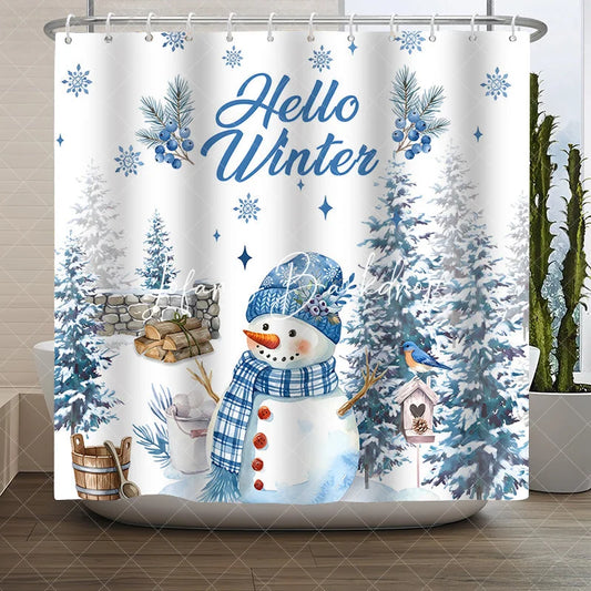 Lofaris Blue and White Watercolor Snowman Hello Winter Shower Curtain Snowy Pine Trees Berries Decor.