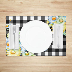 Lofaris Blue and Yellow Floral on Black Plaid Set of 4 Placemats for Farmhouse Country Kitchen Dining Table