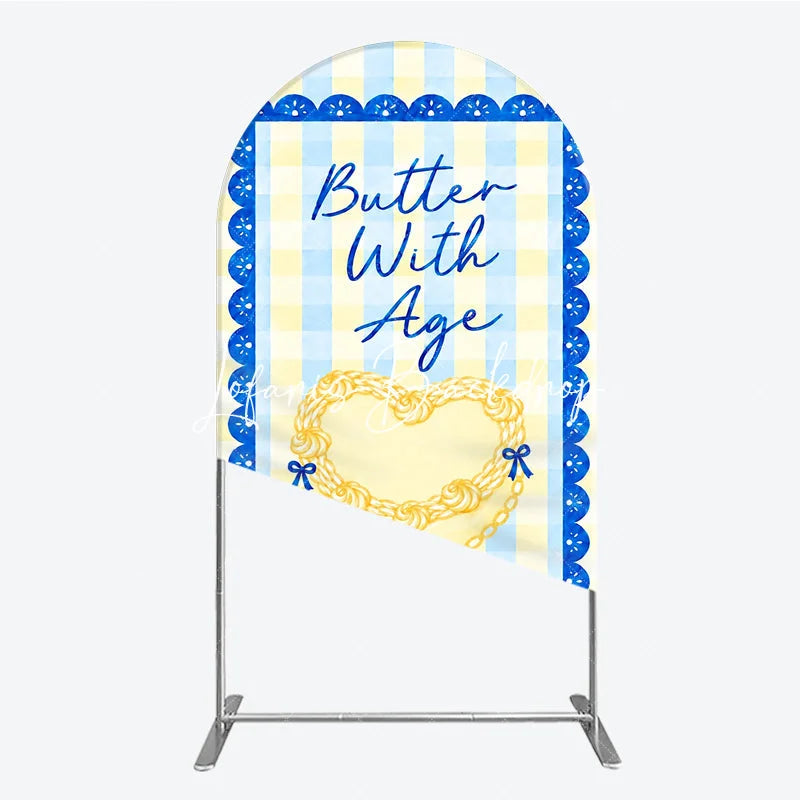 Lofaris Blue and Yellow Gingham Heart Butter With Age Round Top Arch Backdrop Elegant Birthday Party Decor